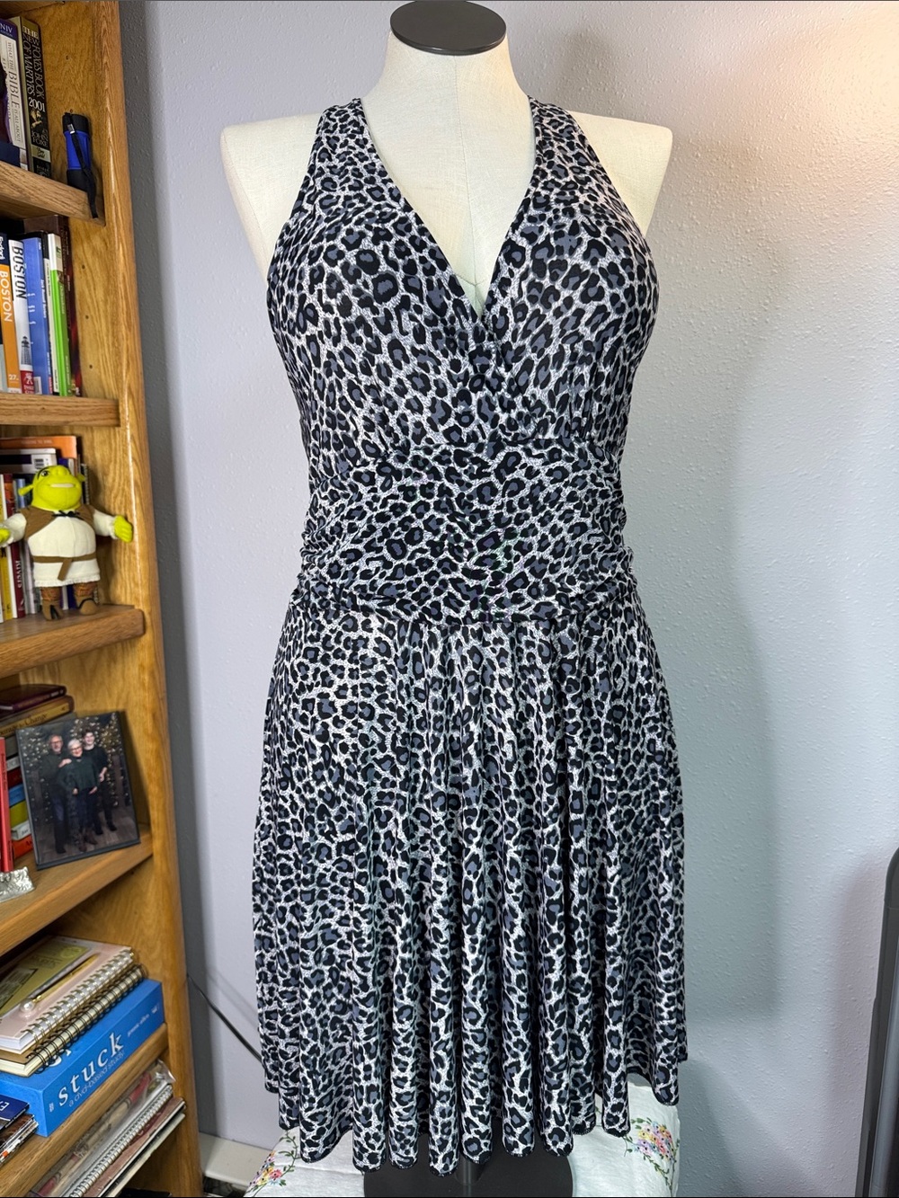 Strappy Back Leopard Print Dress in Black Gray on White